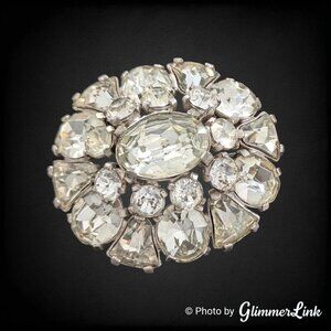 Vintage Marvella Dome Heavy Clear Sparkly Glass Crystal Silver Tone Brooch